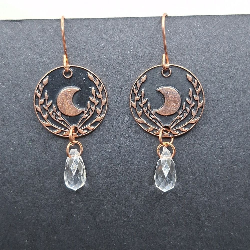 Copper Crescent moon earrings crystal bead jewelry